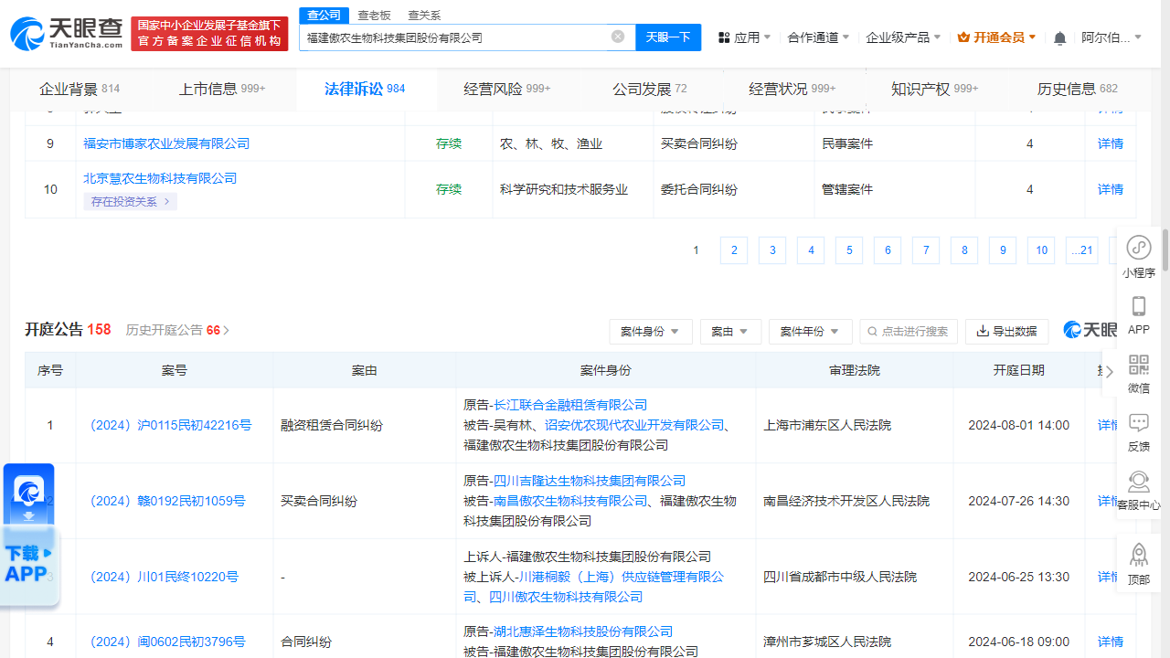 福建傲农生物科技集团因融资租赁合同纠纷被告2024年来案件遍及江西、福建、江苏等地(图1)