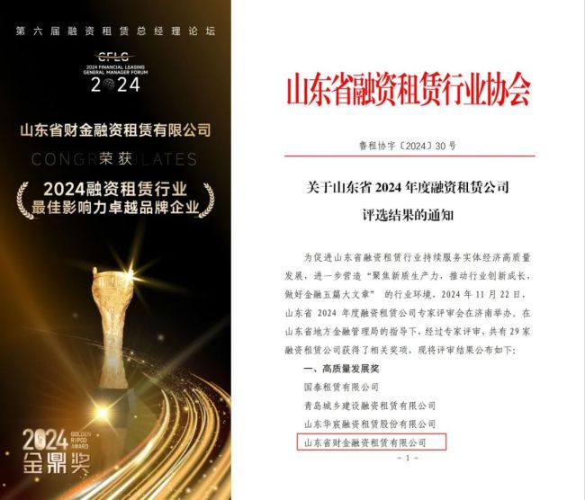 斩获两项行业大奖后山东财金租赁公司又拿下“2024中国融资租赁榜杰出成就奖”(图2)